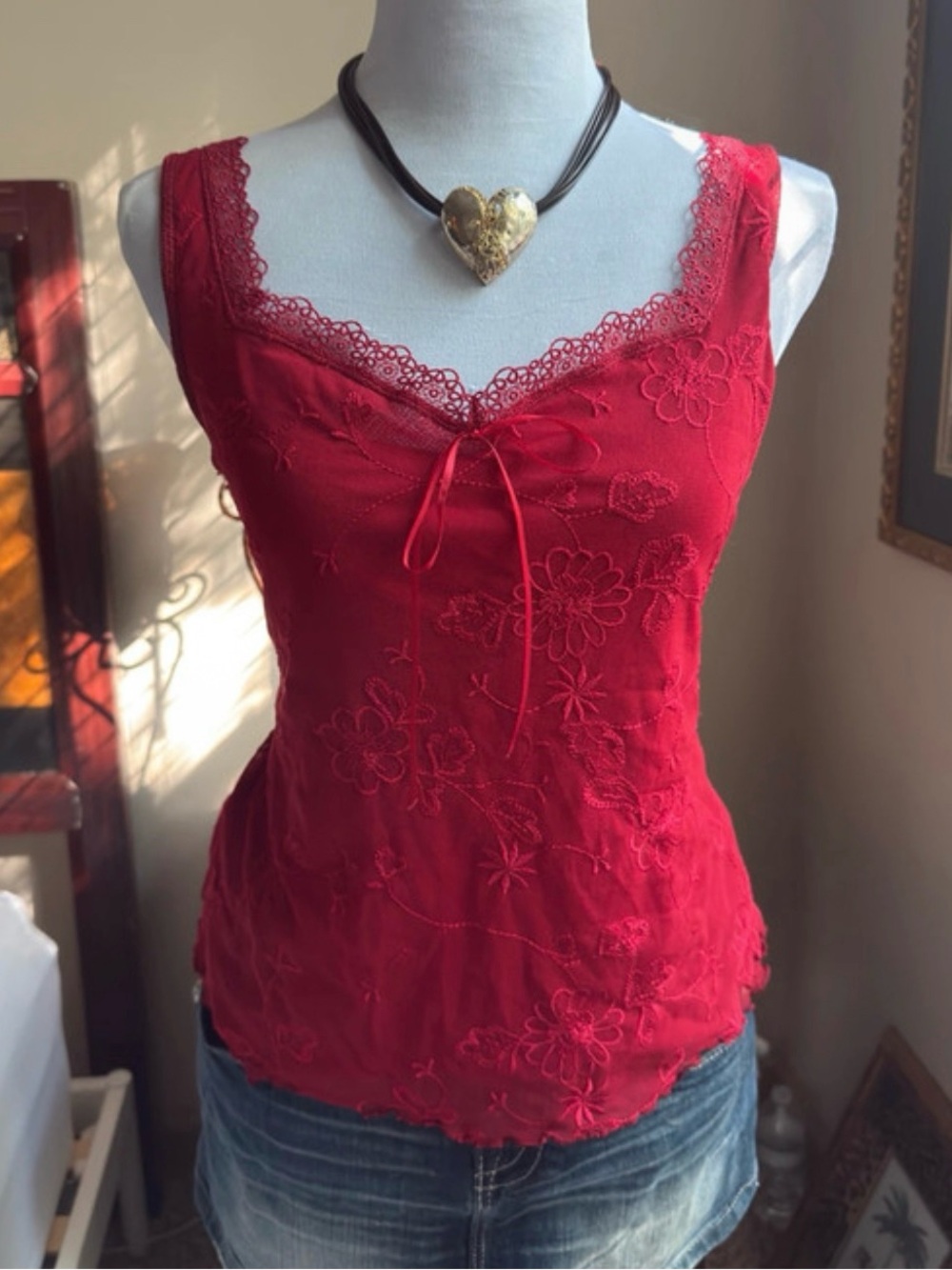 Arianne Red Floral Lace-Trim Camisole